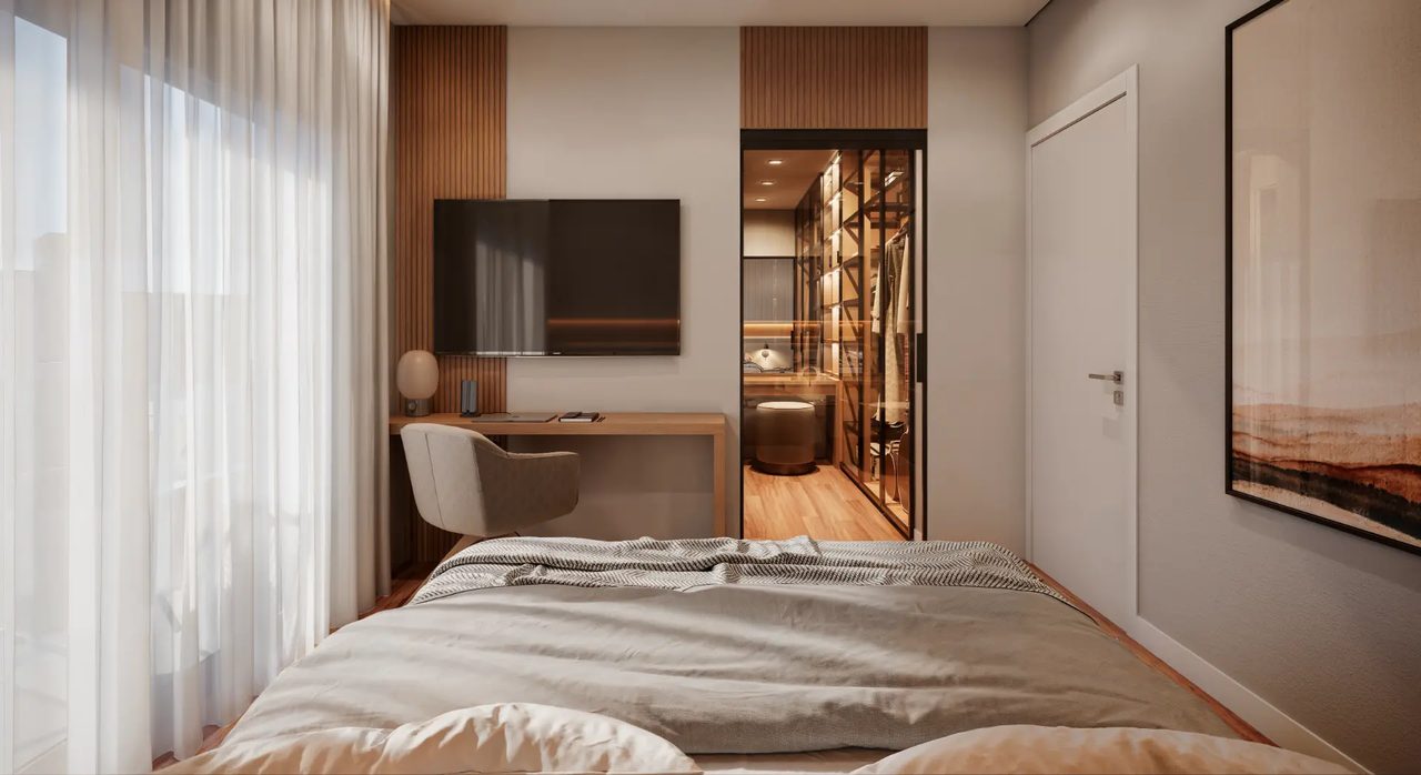 Suíte master com closet, home office e iluminação natural no Alameda18
