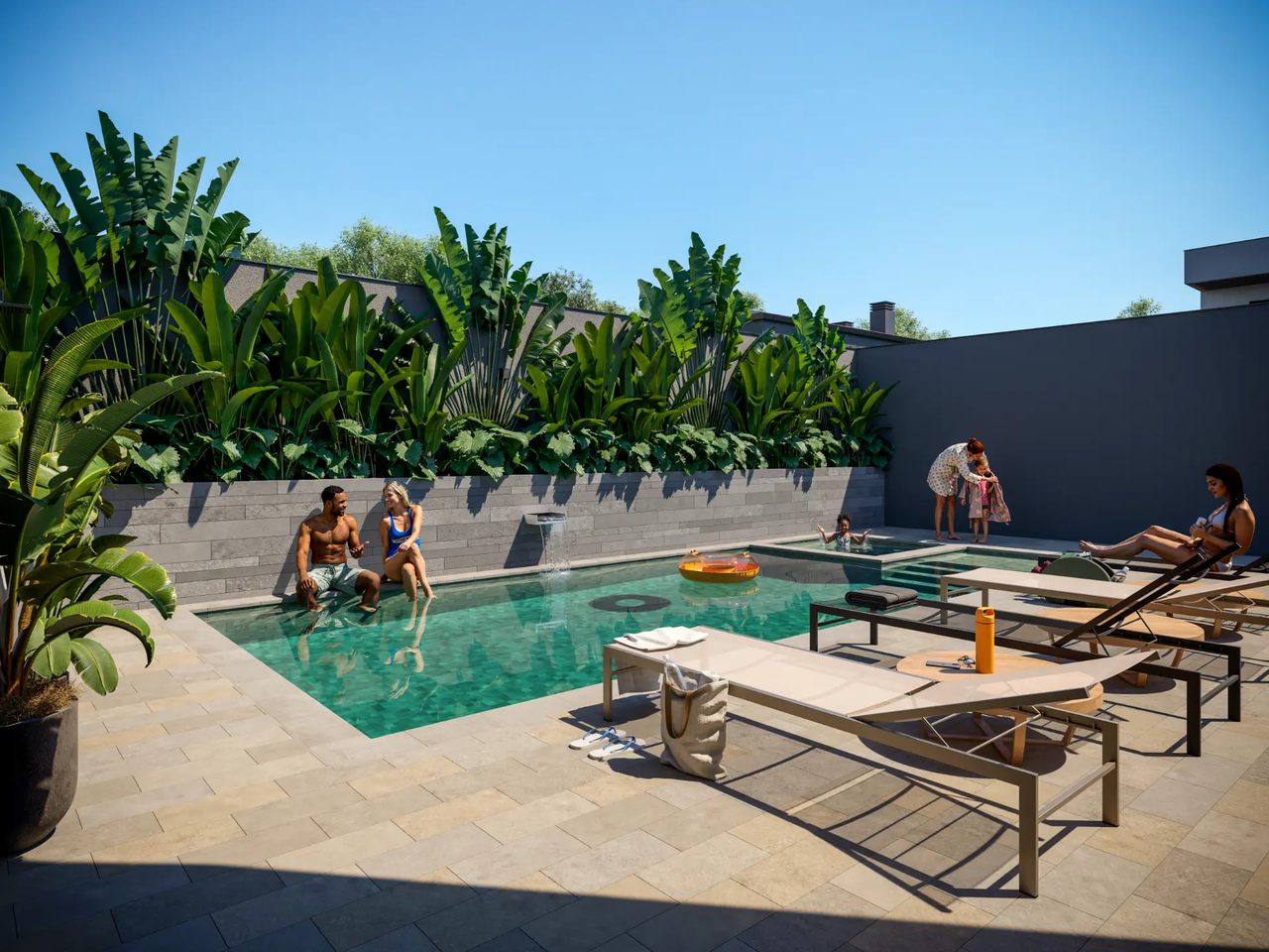 Piscina do Alameda18 com deck, espreguiçadeiras, paisagismo e famílias