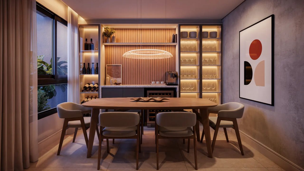 Sala de jantar com adega, cristaleira iluminada e mesa para seis pessoas no Alameda18