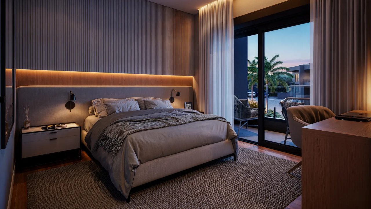 Suíte master com cama king, closet e varanda no Alameda18